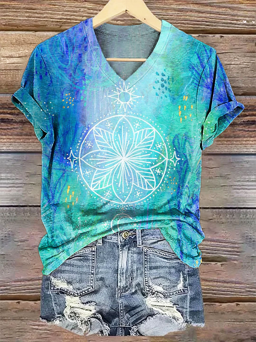 Women's Tie-Dye Tattoo Art Print V-Neck T-Shirt
