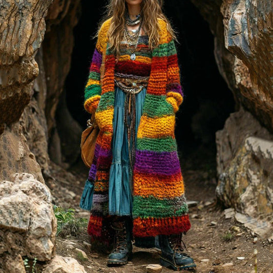 Women's Colorful Rainbow Patchwork Pattern Sweater Cardigan elevenforest