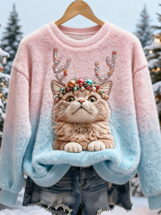 Christmas Antler Cat Design Women's Flannel Sweater elevenforest