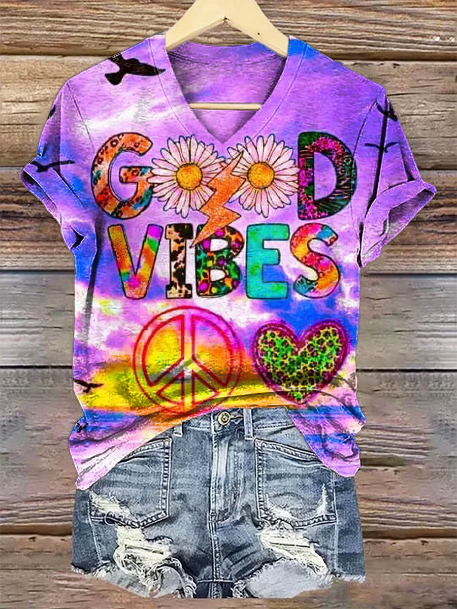 Women's Hippie Good Vibes Art Print V-neck Casual T-Shirt