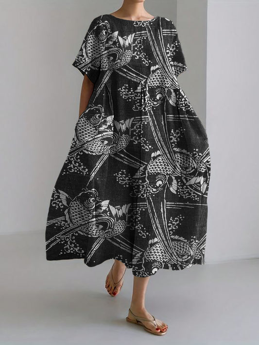 Comstylish Koi Fish Sea Waves Japanese Pattern Linen Blend Maxi Dress