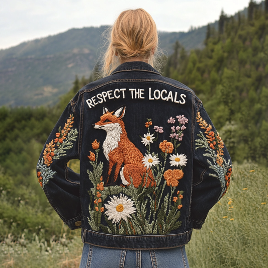 Respect The Locals Fox Floral Embroidered Denim Jacket artswardrobe