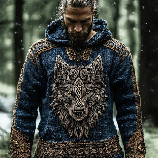 Vintage Wolf Totem Viking Art Men's Hooded Sweater elevenforest