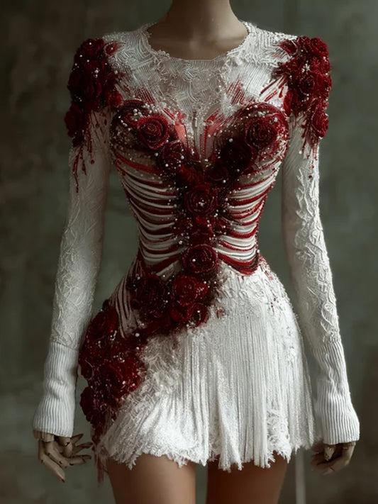Comstylish Women Halloween Skeleton Crimson Rose Romantic White Dress