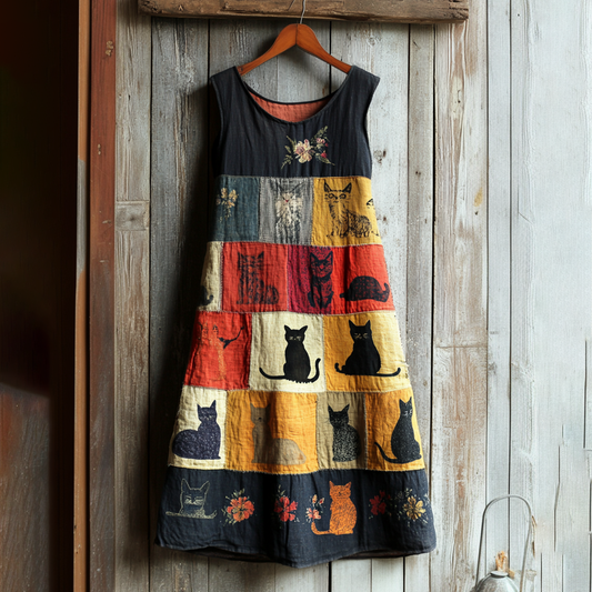 Women's Pop Art Cat Patchwork Design Cotton Line Vest Dress elevenforest