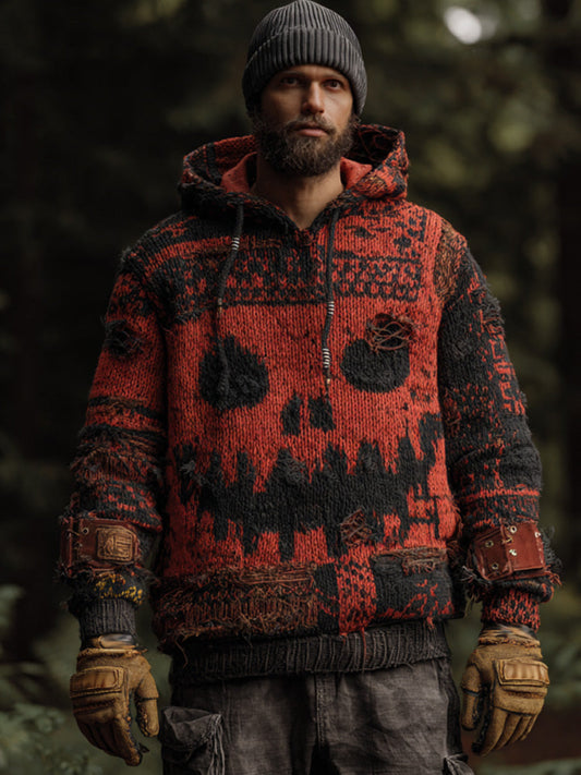 Men's Vintage Viking Halloween Ghost Face Embroidered Hoodie elevenforest