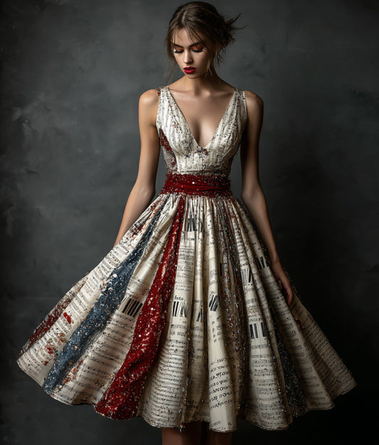 Vintage Sequin Music Notes And Flag Art Midi Dress artswardrobe