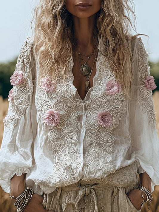 Comstylish Women's Vintage Romantic Floral White Shirt