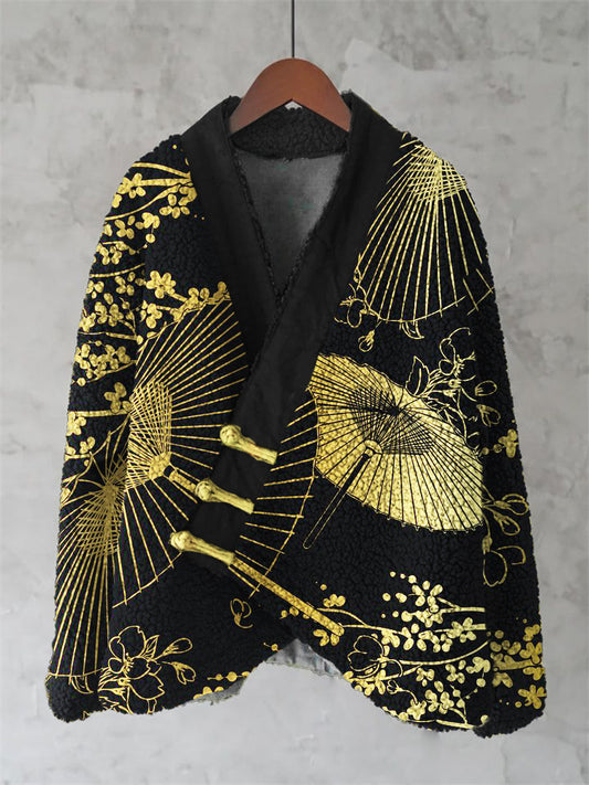 Comstylish Golden Umbrella & Flower Pattern Women's Kimono