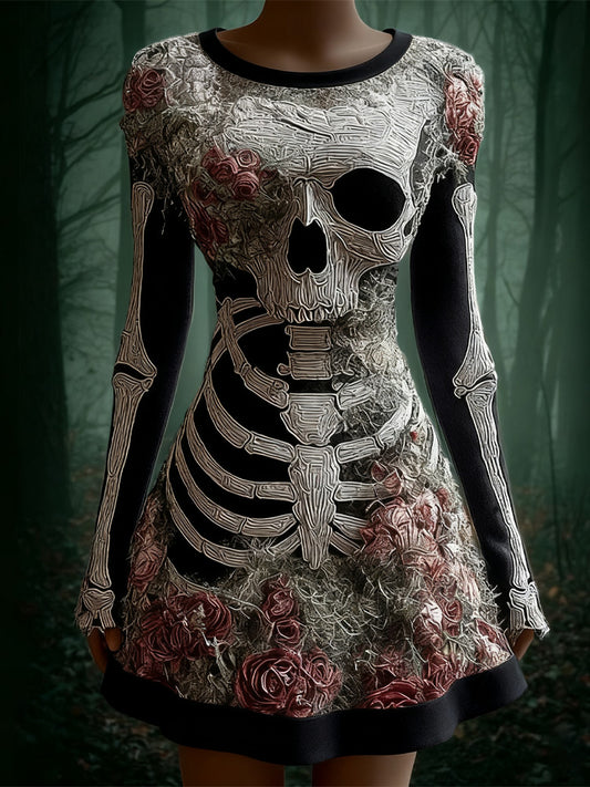 Comstylish Women's Halloween Skull Flowers Moss Witch Midi Dress