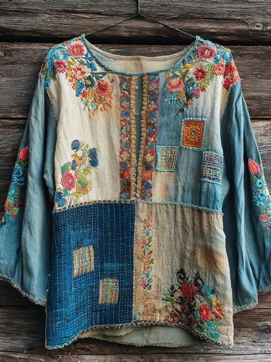 Comstylish Boho Vintage Floral Embroidered Art Women's Linen Top