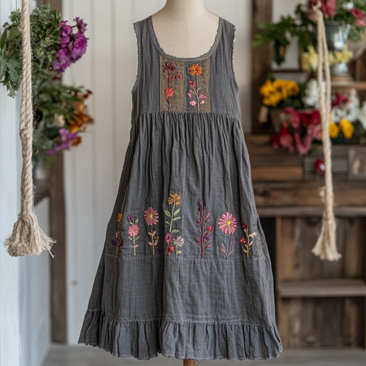 Elegant Floral Embroidery Comfortable Women's Dress artswardrobe