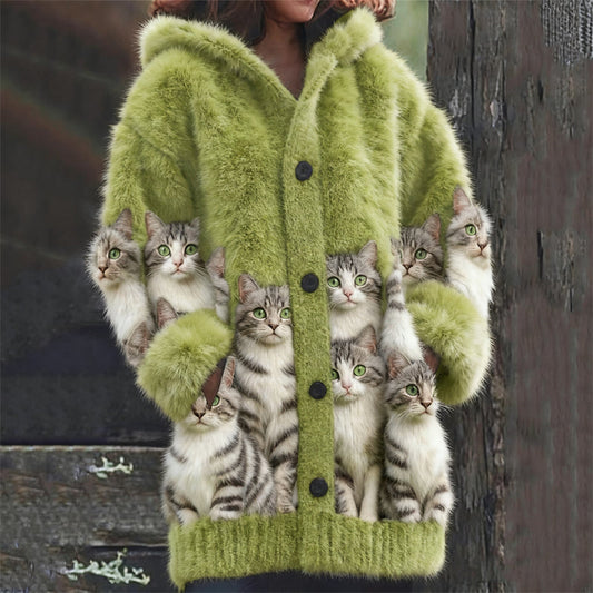 Lovely Fuzzy American Shorthair Cats Cozy Knit Hooded Cardigan elevenforest