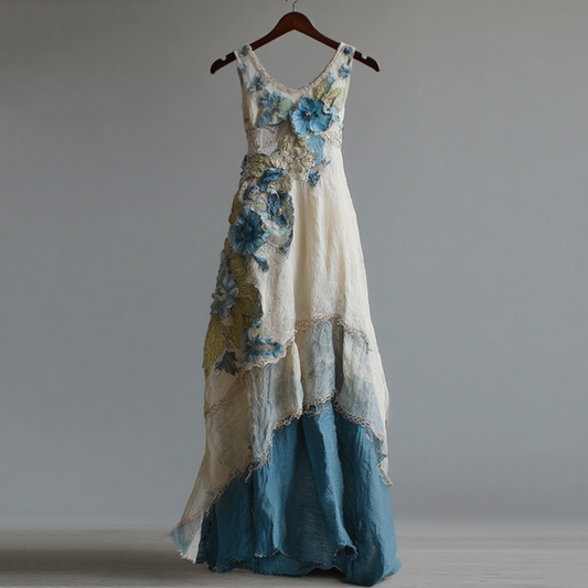 Comstylish Women's Vintage Oil Painting Floral Art Gradient Linen Sleeveless Dress