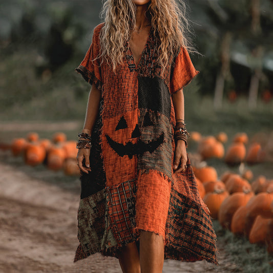 Vintage Halloween Pumpkin Face Patchwork Art Linen Midi Dress artswardrobe