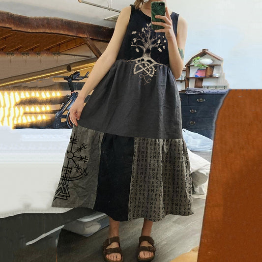 Vintage Tribal Tree Of Life Rune Patchwork Art Linen Tank Dress artswardrobe