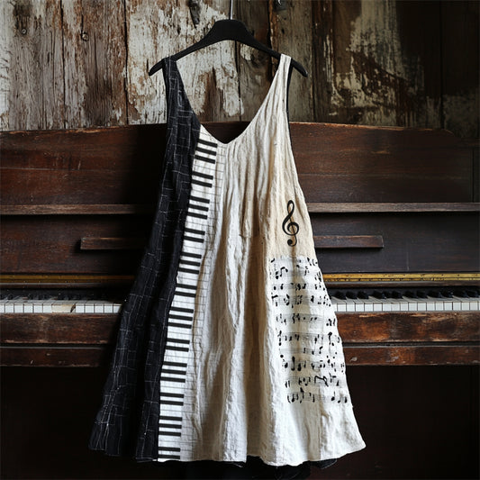 Vintage Music Notes & Piano Inspired Contrast Linen Dress artswardrobe