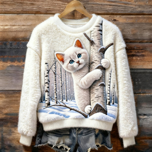 Christmas Cat Art Women's Cozy Plush Sweater elevenforest