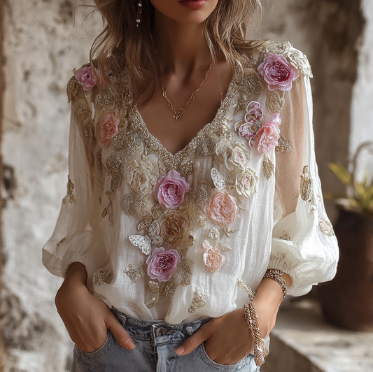 Comstylish Bohemian Style V-neck Butterfly And Flower Embroidery Cotton And Linen Top