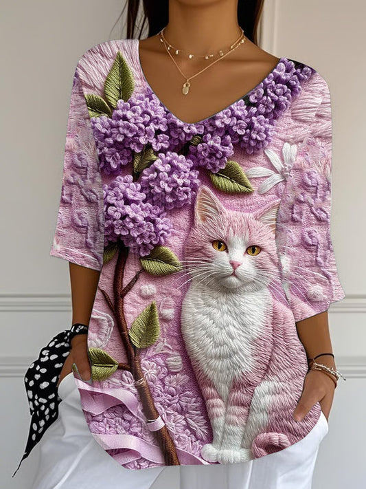 Comstylish Women's Purple Floral Cute Cat Print Top