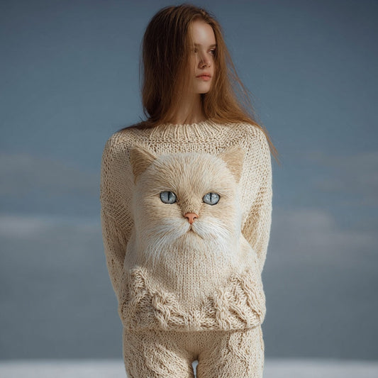 Comstylish Cute Cat Face Embroidered Soft Cozy Knit Sweater