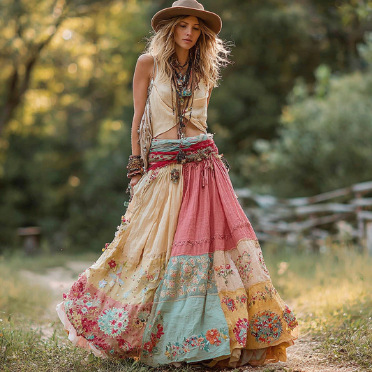 Women's Retro Floral Stitching Casual Skirt artswardrobe