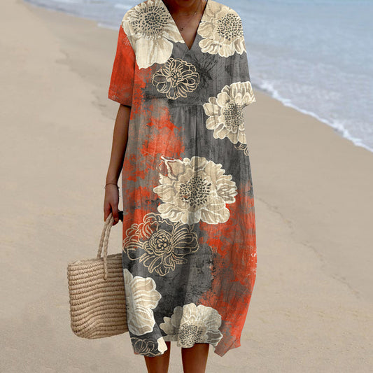 Comstylish Vintage Floral Print V-Neck Loose Midi Dress