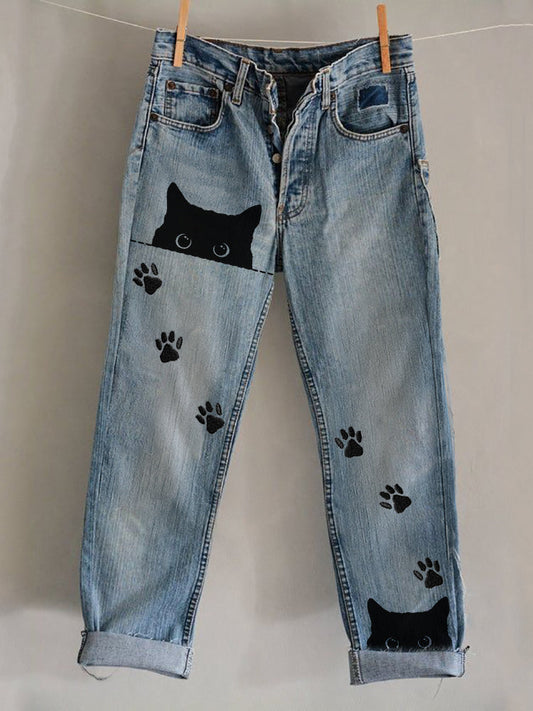 Peeking Black Cats Paw Prints Washed Jeans elevenforest