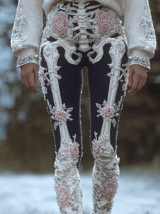 Comstylish Women Halloween Skeleton Skeleton Pink Romantic Rose Romantic Gothic Slimming Pants