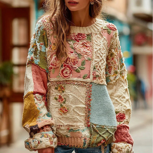 Women's Vintage Chunky Needle Rose Floral Stitching Warm Crew Neck Sweater elevenforest
