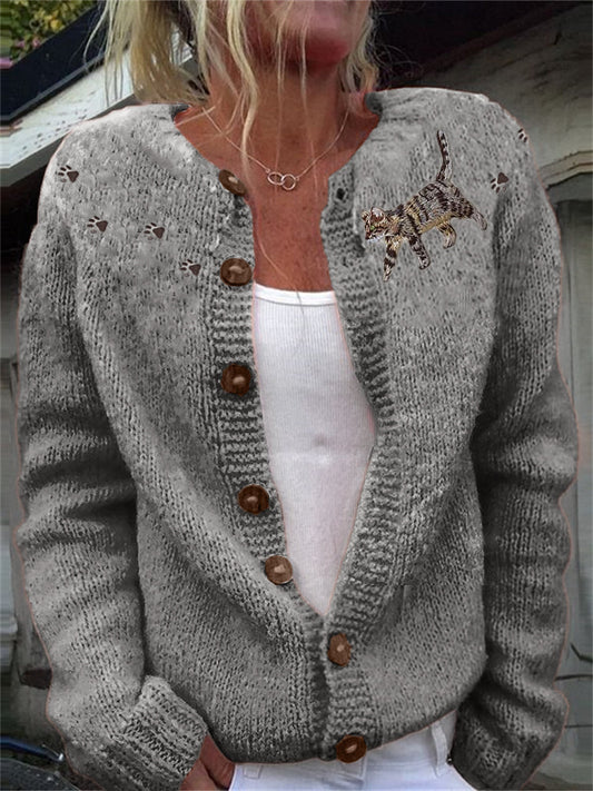 Cat & Paw Prints Yoke Embroidered Cozy Knit Cardigan elevenforest