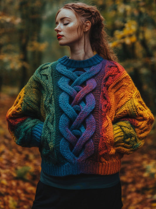 Women's Irish Rainbow Pattern Jacquard Pocket Cozy Sweater elevenforest