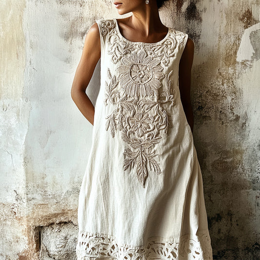 Vintage Floral Lace Art  Linen Comfy Tank Dress artswardrobe