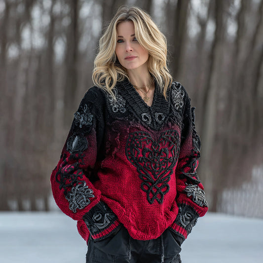 Women's Vintage Heart Art V Neck Cozy Knit Sweater artswardrobe