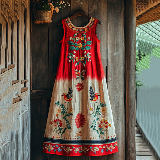 Comstylish Vintage Birds & Floral Embroidery Pattern Sleeveless Midi Dress