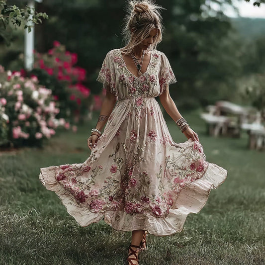 Women's Retro Flower Embroidery Art V-neck Short Sleeve Maxi Dress artswardrobe