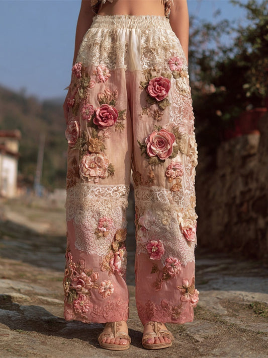Boho Vintage Floral Lace Patchwork Art Women's Linen Trousers artswardrobe