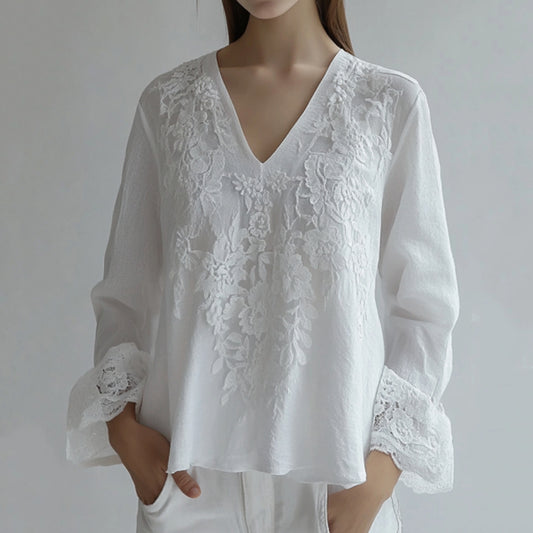 Comstylish Vintage Floral Lace Embroidered V Neck Comfy Tunic