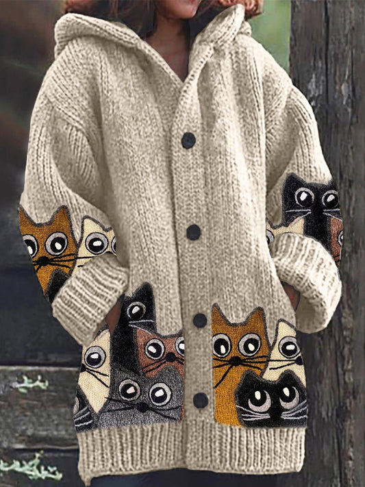 Colorful Crowded Cats Knit Cozy Hooded Cardigan elevenforest
