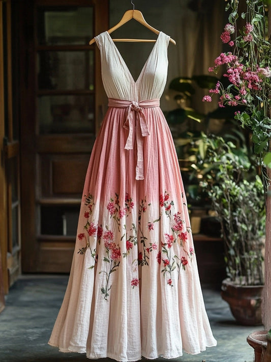 Floral Embroidered Pink Gradient Linen Maxi Dress artswardrobe