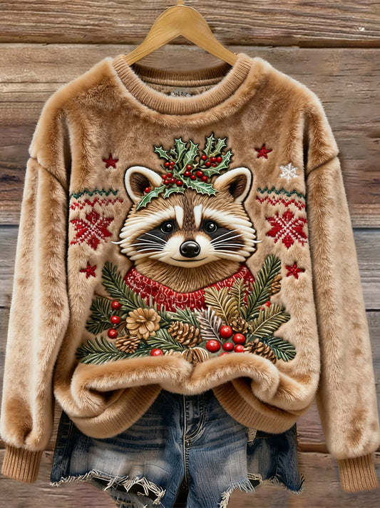 Comstylish Christmas Raccoon Design Women's Flannel Sweatshirt