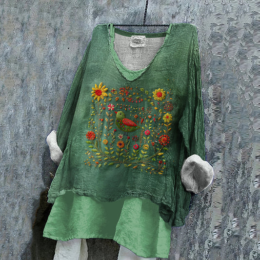 Comstylish Women's Flower And Bird Embroidery Art Linen V-neck Shirt