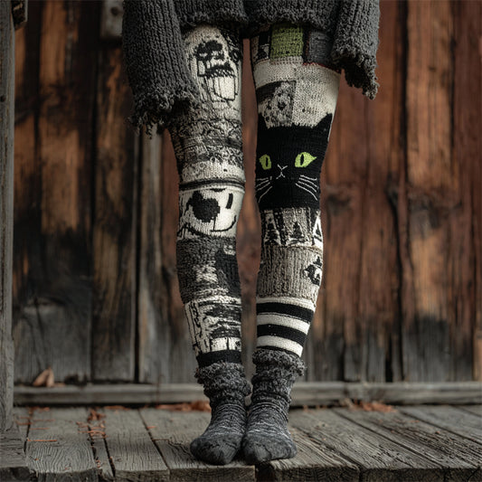 Halloween Black Cat Inspired Patchwork Cozy Knit Leggings