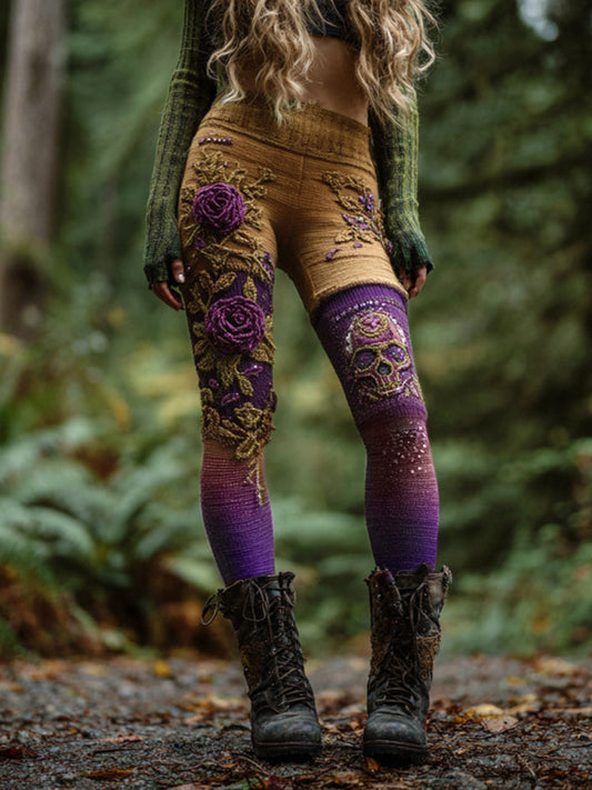 Women's Vintage Skull And Rose Patchwork Comfortable Leggings elevenforest