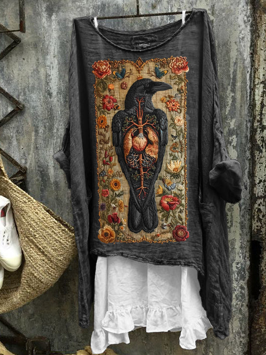 Comstylish Vintage Floral Raven Embroidered Linen Tunic