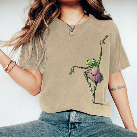 Comstylish Funny Dacing Frog Embroidery Pattern Cozy Vintage T-Shirt