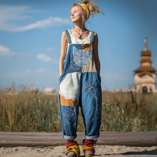 Comstylish Japanese Art Style Cat And Plant Flower Pattern Embroidery Women's Cotton And Linen Overalls.