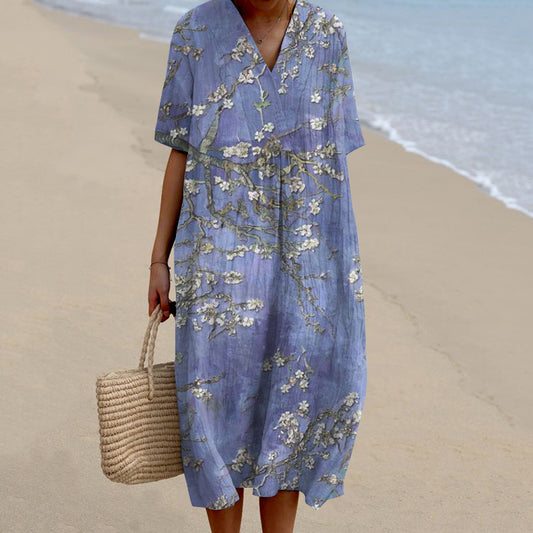Comstylish Women Floral Art Printed Casual Midi Dress