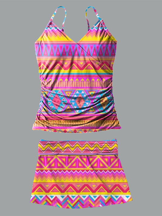 Color Plaid V-Neck Vintage Flowers Print Suspender Skirt Tankini Pantskirt Set Swimsuit