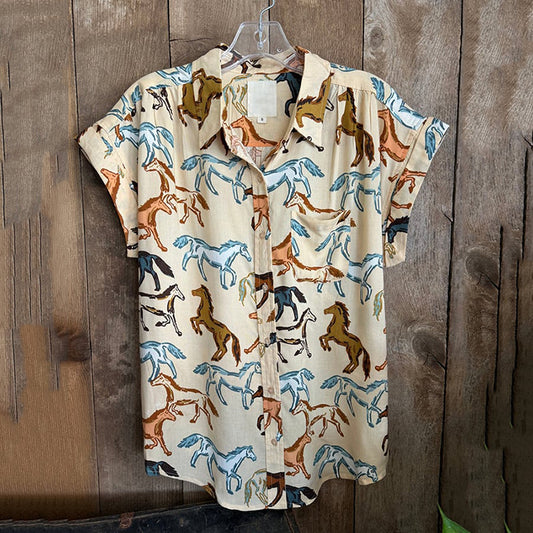 Comstylish Unisex Vintage Horse Designs Print Casual Shirt